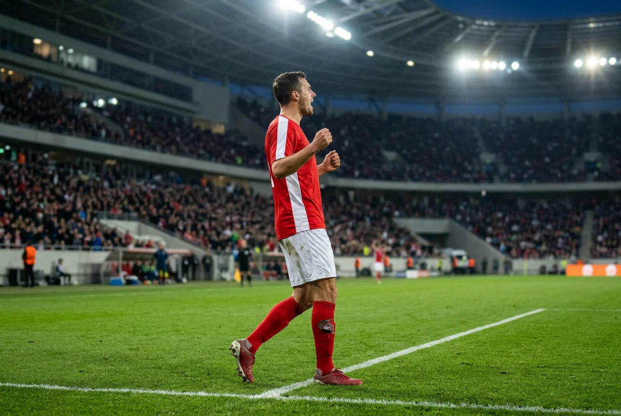 Voetballer in een rood-wit Bayern-tenue viert een doelpunt op het gazon van de Allianz Arena tijdens een avondwedstrijd