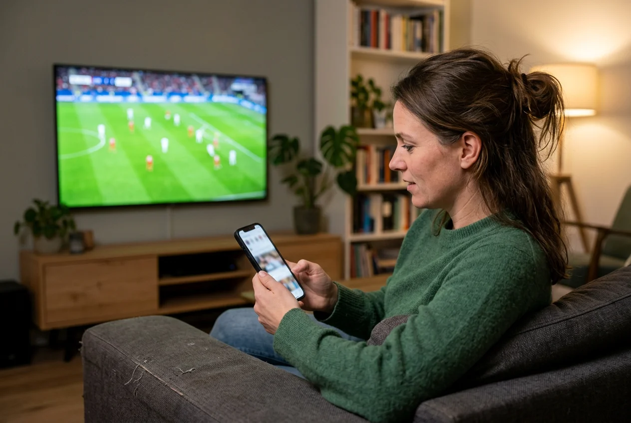 Persoon houdt een smartphone vast tijdens het kijken naar een live Bundesliga-voetbalwedstrijd op televisie