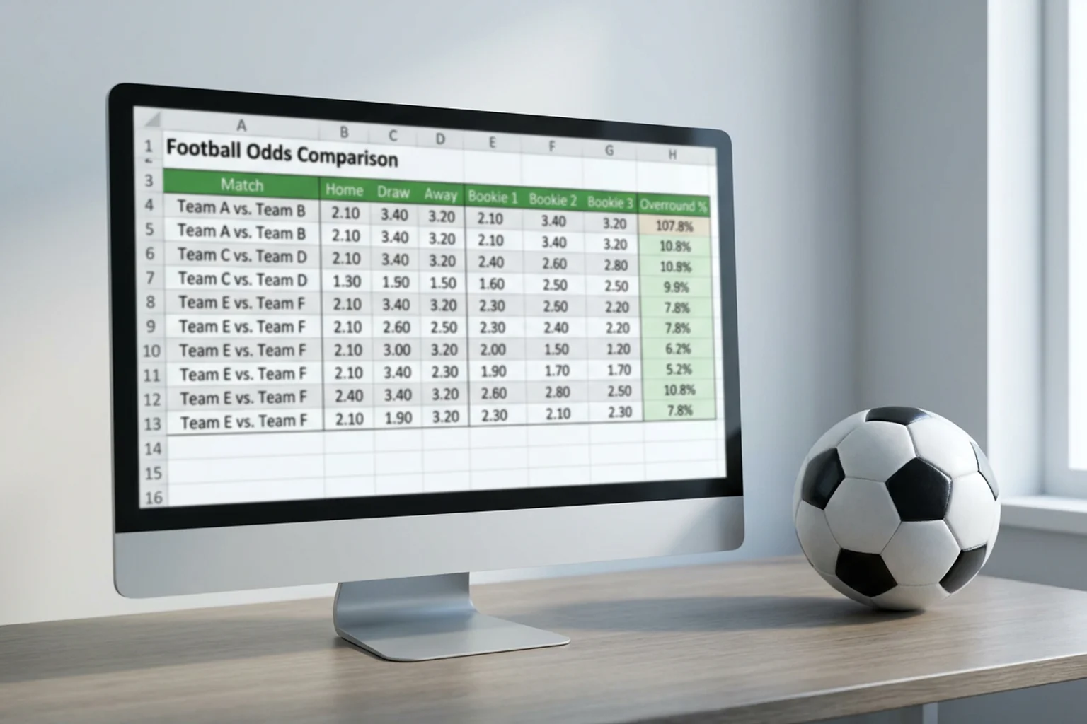 Berekening van bookmaker-marge op Bundesliga 1X2- en handicap-markten in spreadsheet-vorm
