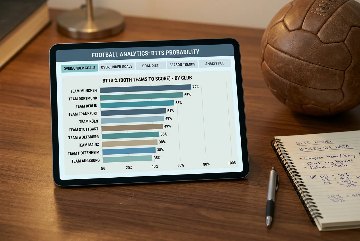 Spelersvisualisatie met BTTS-percentages per club op een wedanalyse-scherm