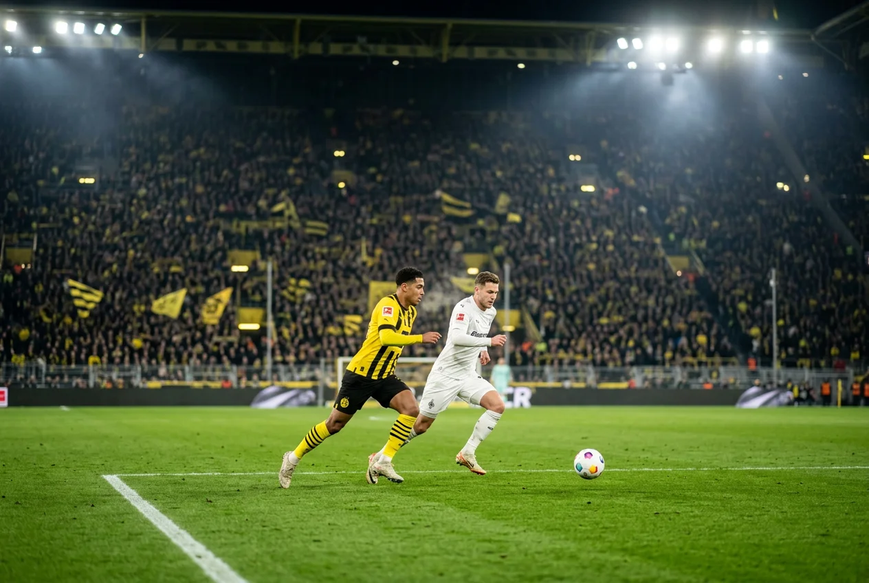 Bundesliga-avondwedstrijd onder de stadionverlichting met spelers in volle actie en publiek op de tribunes