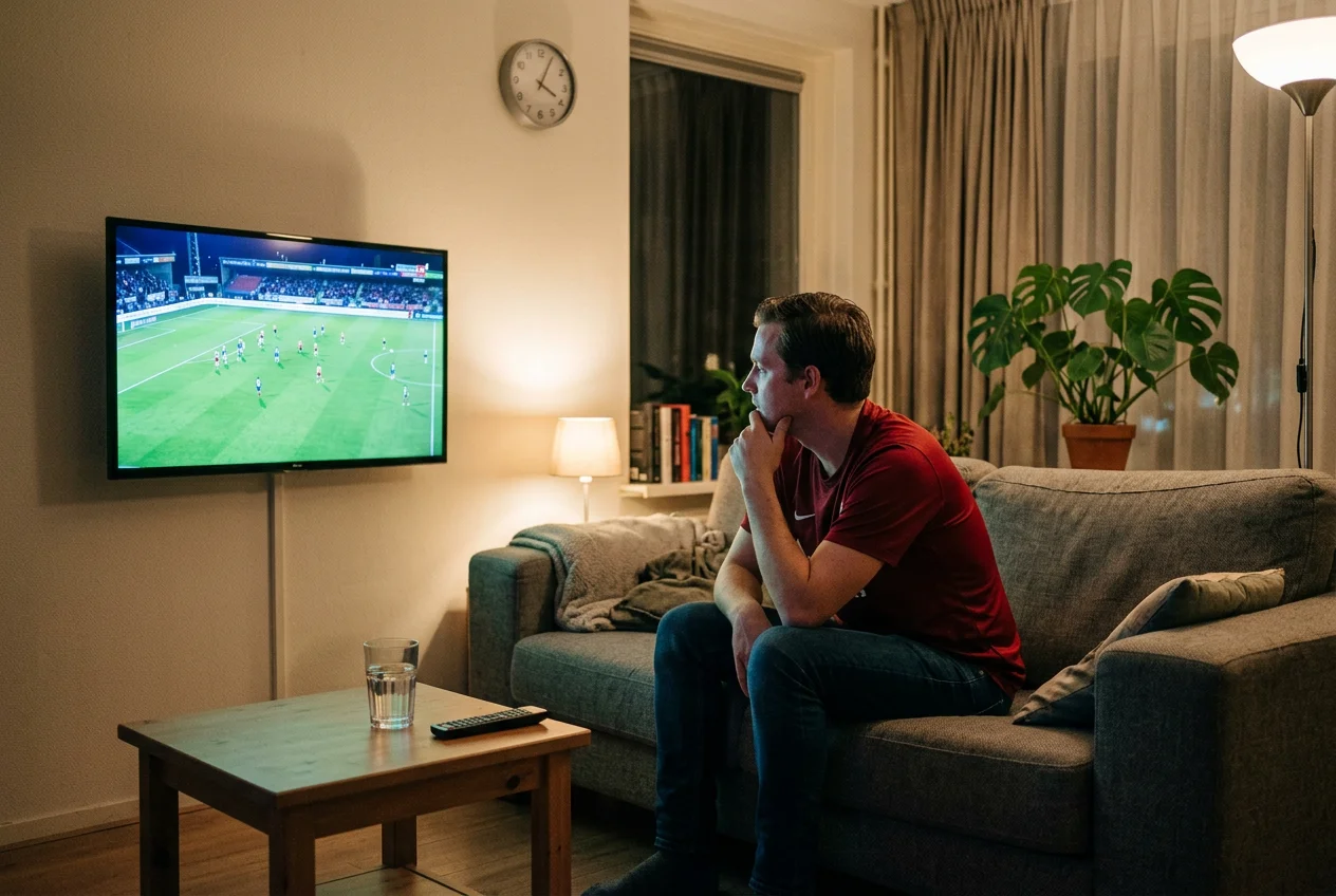Voetbalfan in clubshirt kijkt naar een Bundesliga-wedstrijd op televisie in een woonkamer