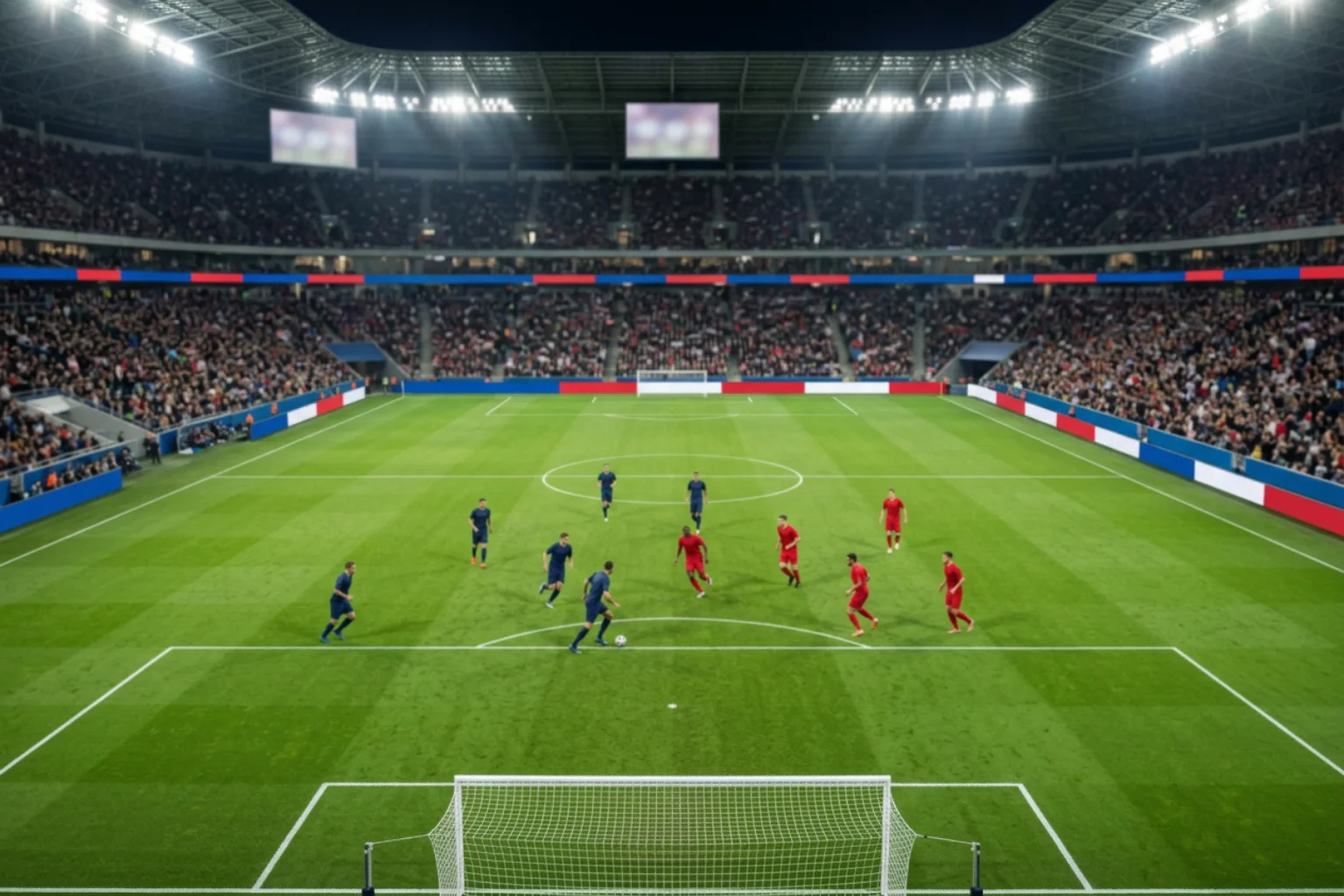Voetbalveld in een Bundesliga-stadion onder de schijnwerpers tijdens een avondwedstrijd met spelers in actie rond de middenstip