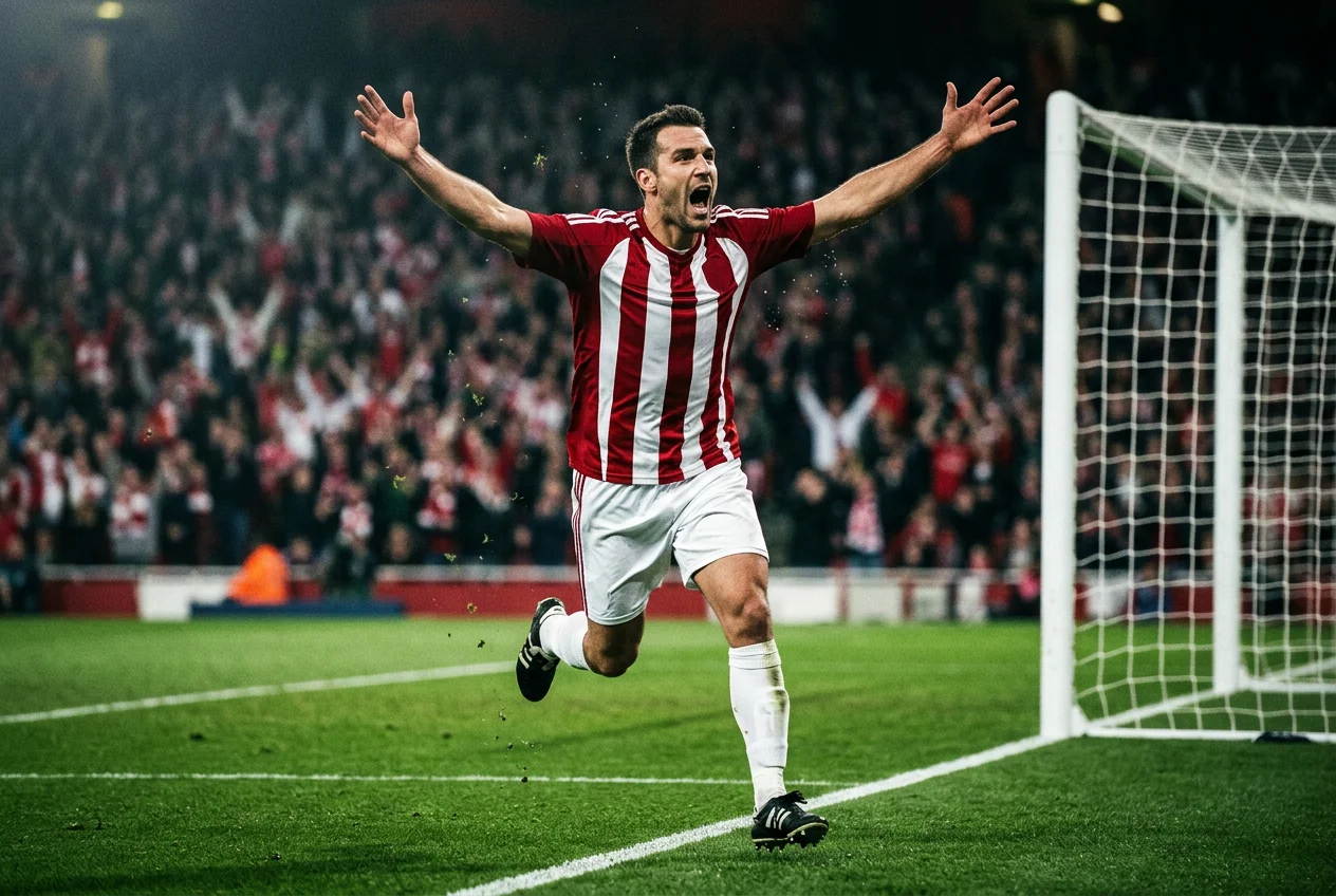 Bundesliga-spits viert een doelpunt op het veld na een rake schot in het strafschopgebied