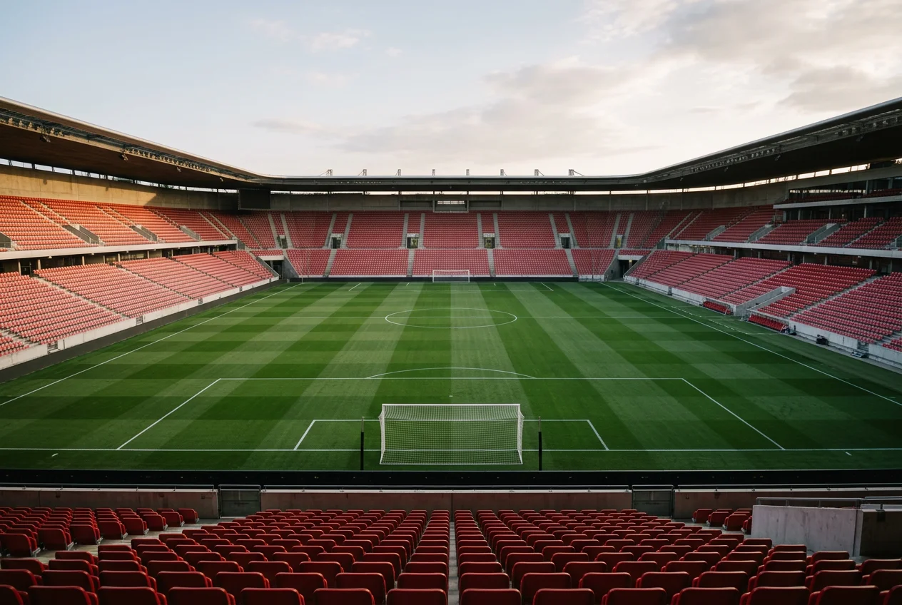 Leeg Bundesliga-stadion in de namiddag met groen gazon, witte kalklijnen en lege rode tribunes onder een heldere hemel