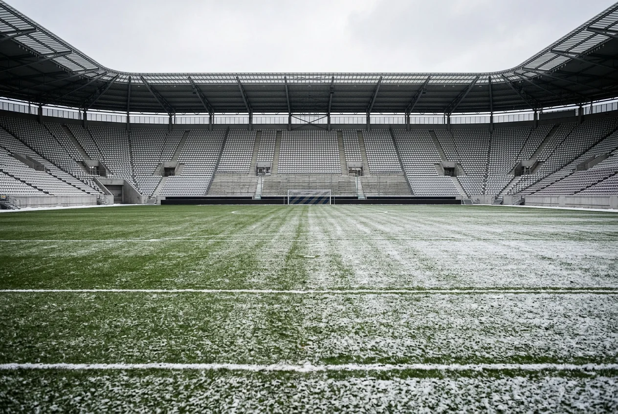 Leeg voetbalstadion in januari met sneeuw op de tribunes en het besneeuwde gazon onder daglicht