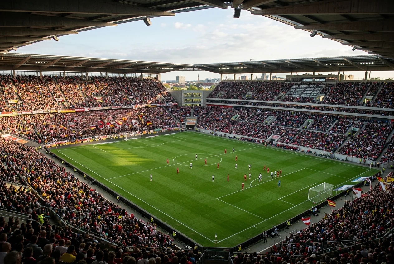Vol Bundesliga-stadion met thuispubliek in clubkleuren tijdens een voetbalwedstrijd