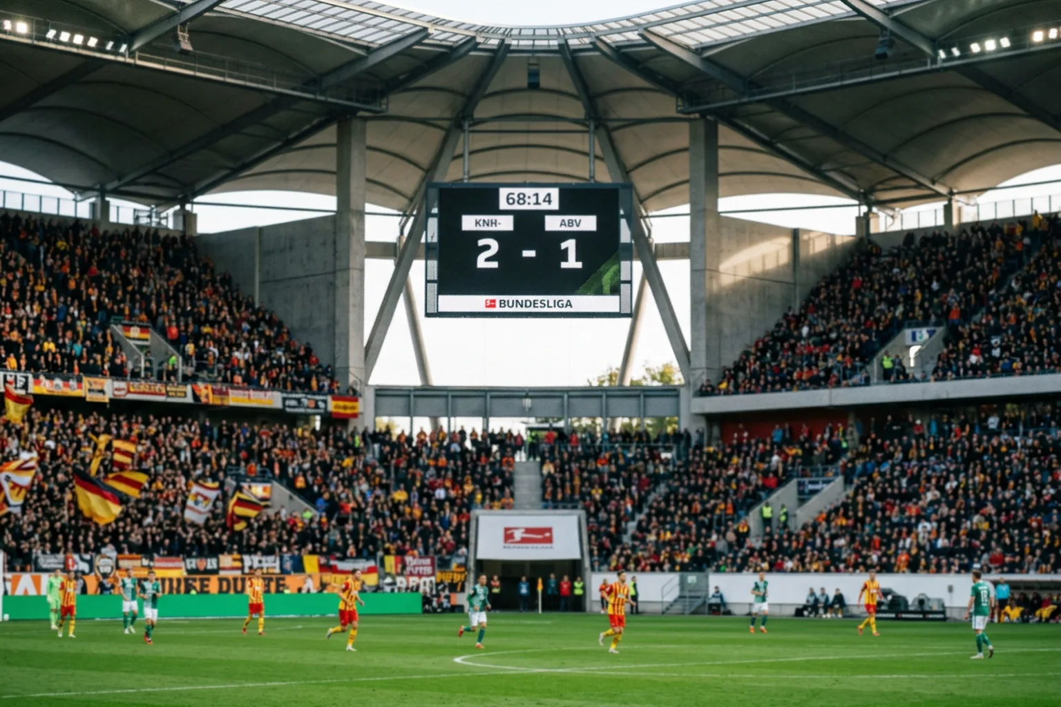 Voetbalstadion-scorebord toont wedstrijdgegevens tijdens een Bundesliga-thuiswedstrijd
