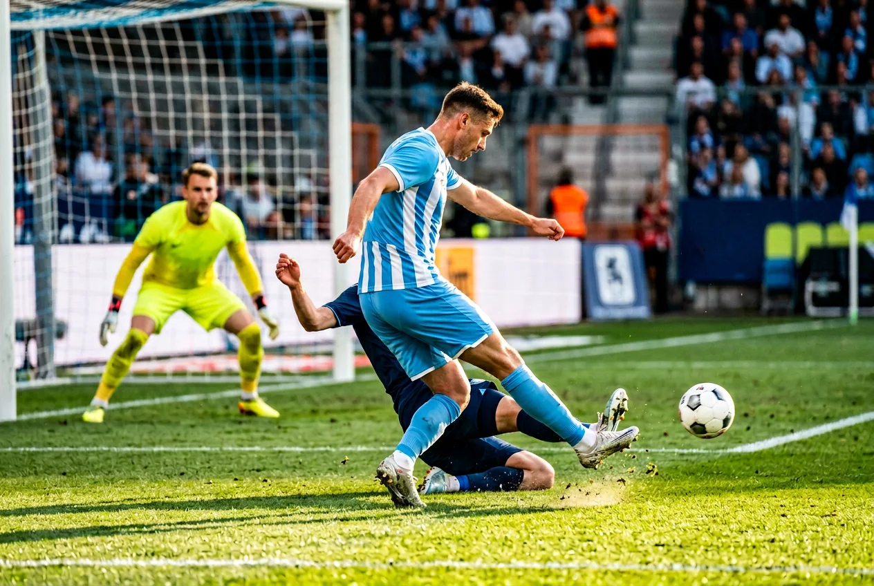 Bundesliga-spelers in een aanvallende fase voor het strafschopgebied tijdens een wedstrijd