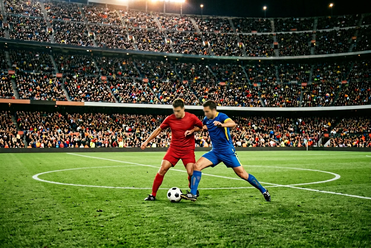 Voetbalstadion met gevulde tribunes en spelers in tweegevecht om de bal op het verlichte gazon tijdens een avondwedstrijd