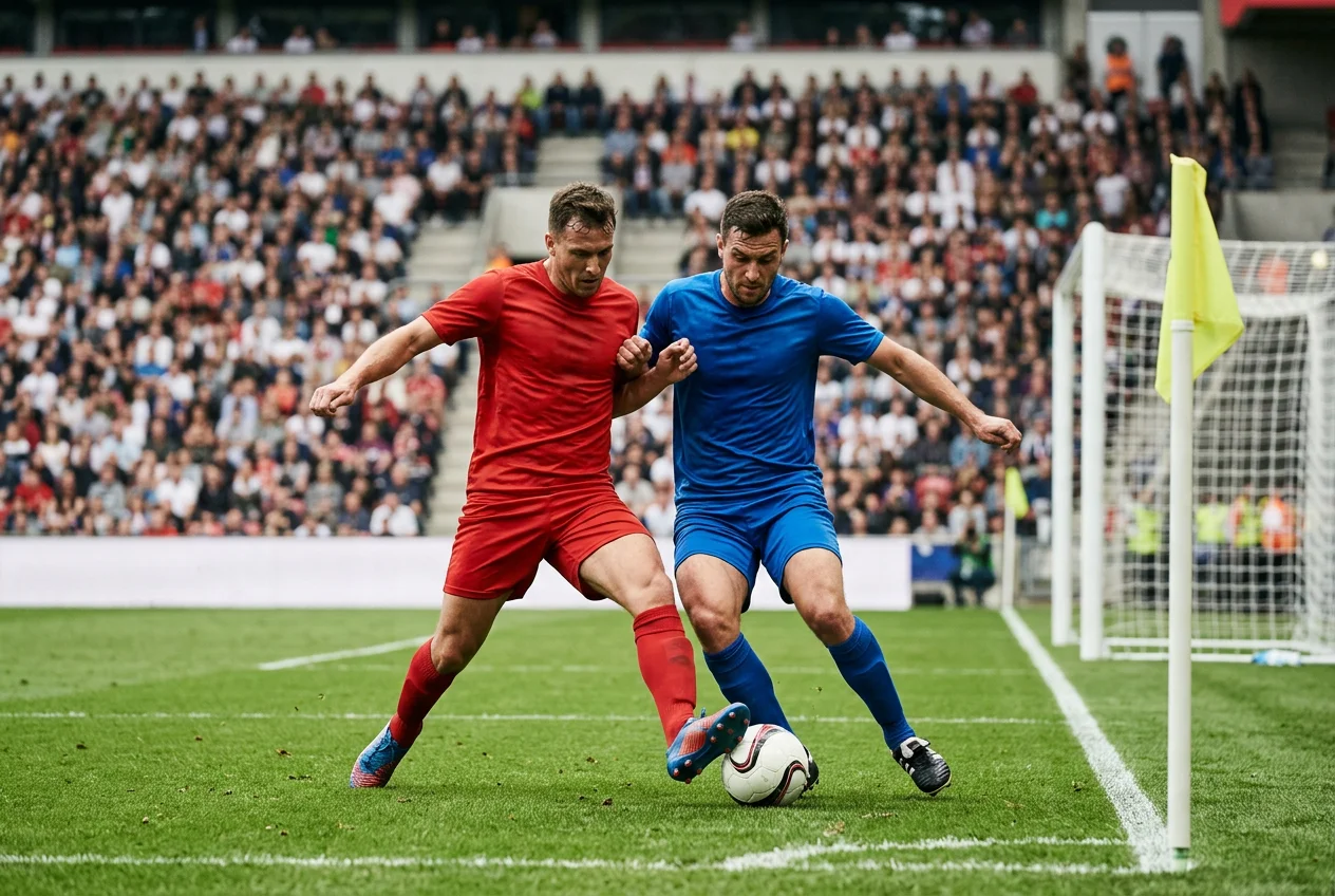 Voetballers in actie op een grasveld tijdens een wedstrijd in een Europese topcompetitie