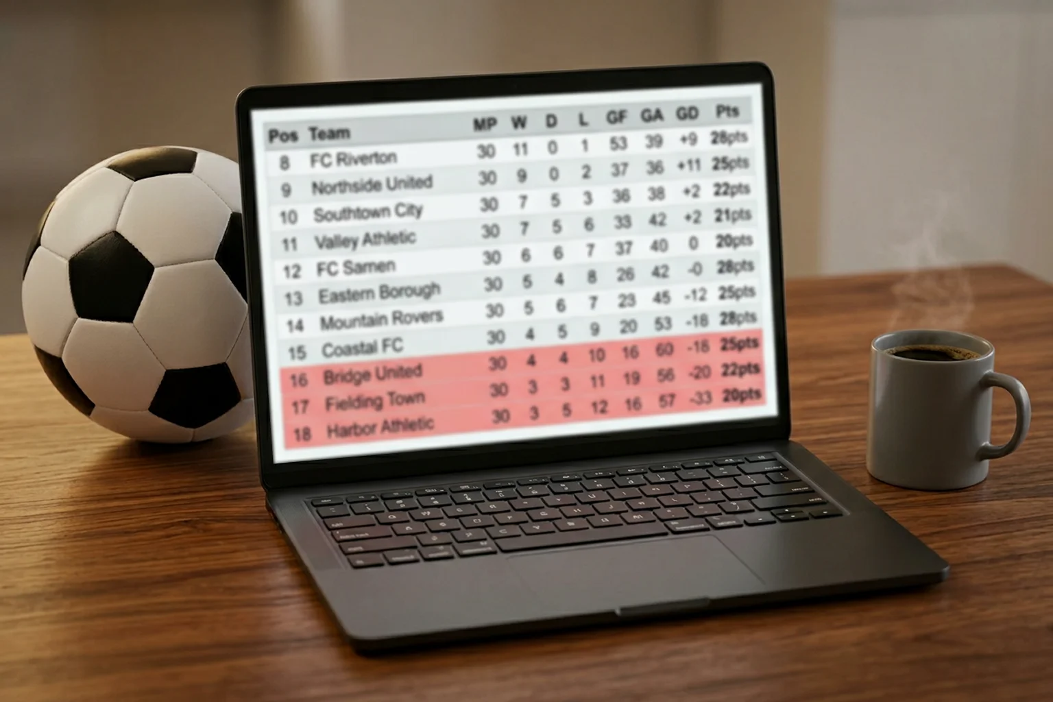 Tabelstanden onderaan de Bundesliga met degradatie- en play-off-positie gemarkeerd