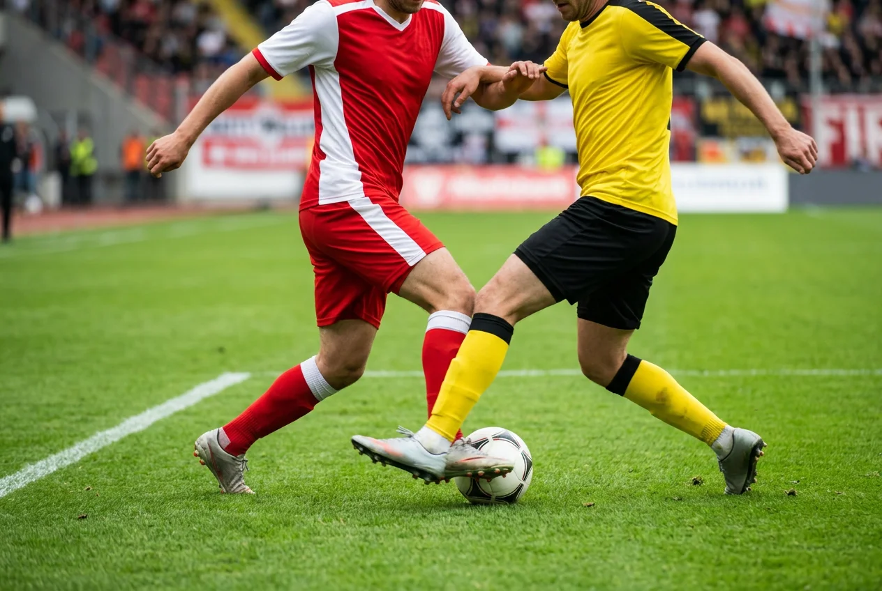 Twee voetballers in respectievelijk rood-wit en geel-zwart tenue strijden om een voetbal op het gazon tijdens een wedstrijd