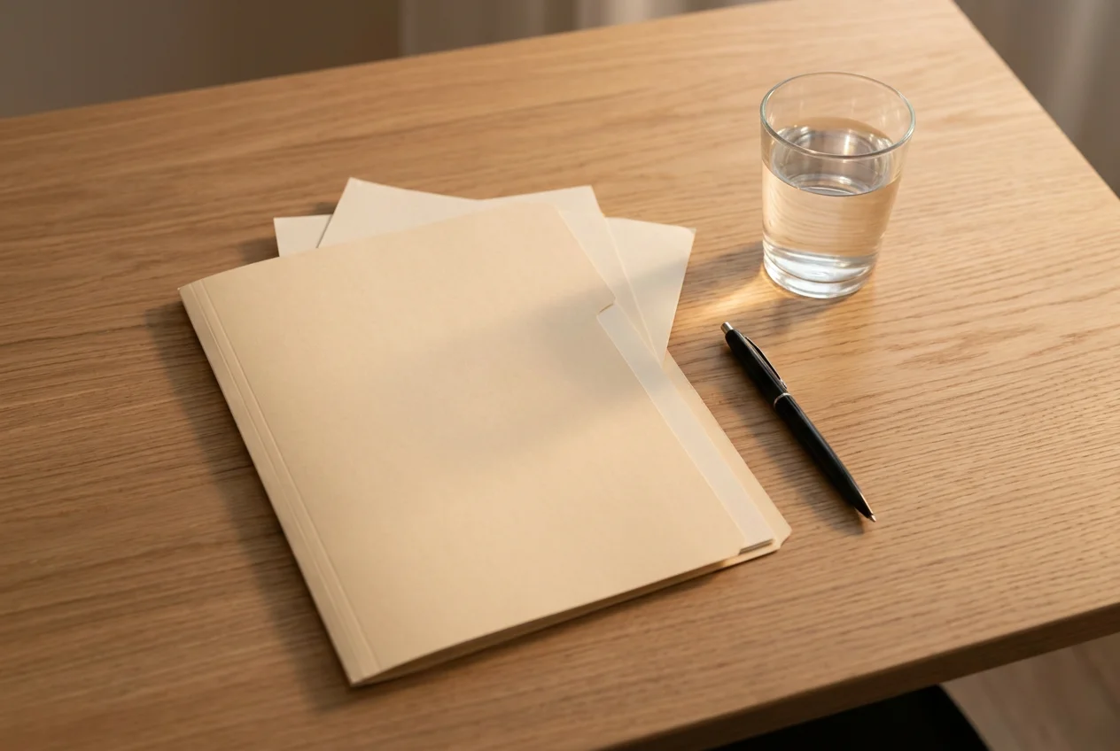 Houten bureau met een gesloten map met documenten, een pen en een glas water in zacht avondlicht