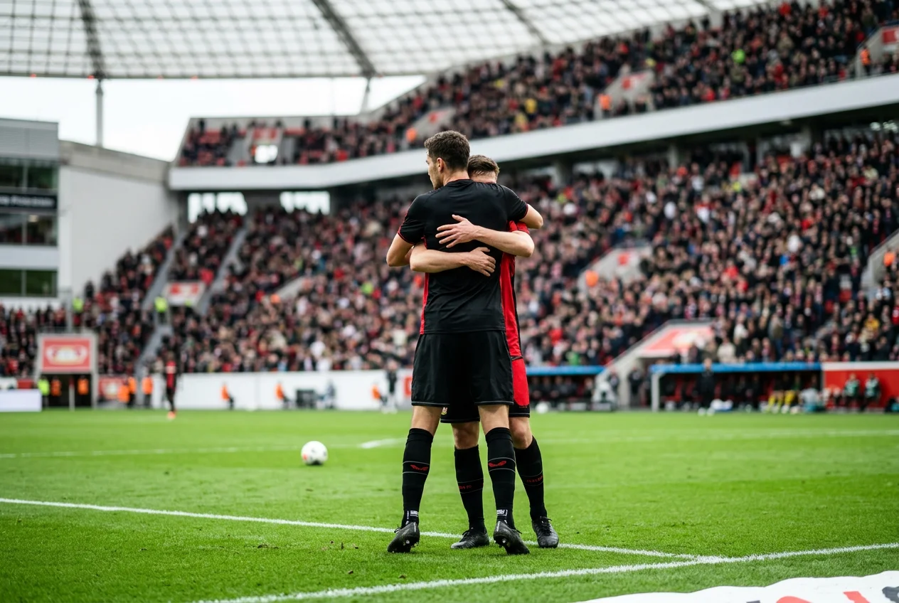 Voetballers in zwart-rood Leverkusen-tenue vieren samen een doelpunt op het gazon van een vol stadion