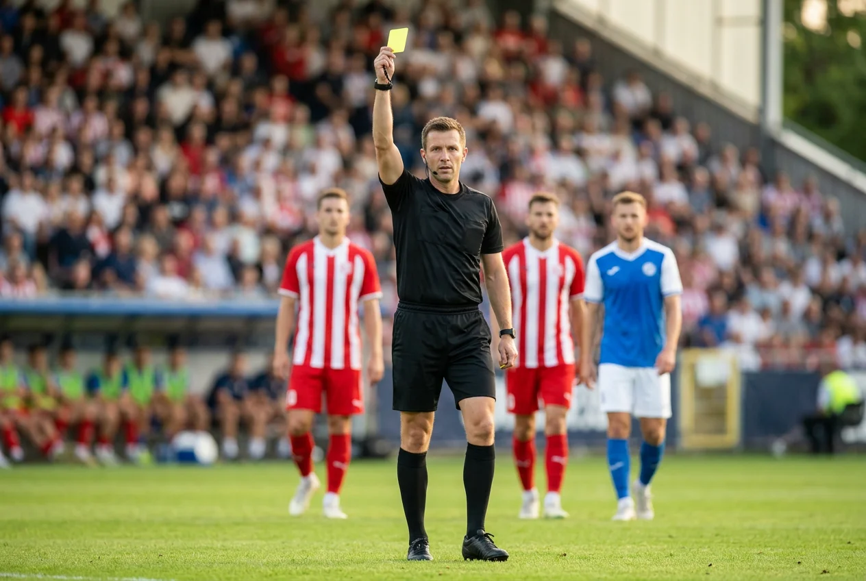 Scheidsrechter in zwart tenue houdt toezicht op een voetbalwedstrijd in een Bundesliga-stadion