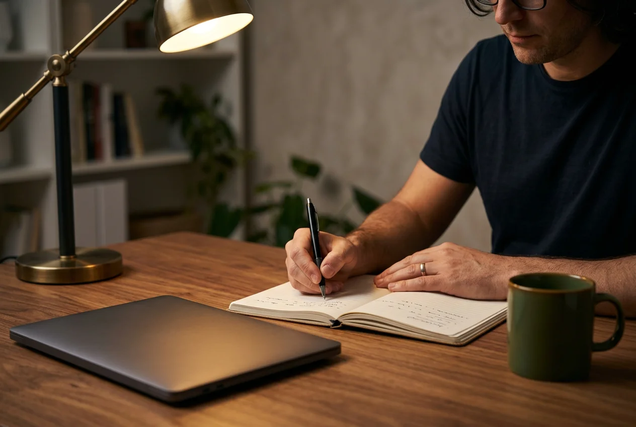 Persoon maakt aantekeningen in een notitieboek aan een bureau voor een wedstrijdanalyse