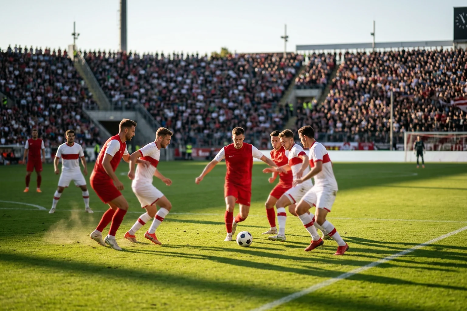 Twee voetbalteams in actie op een grasveld tijdens een Bundesliga-wedstrijd
