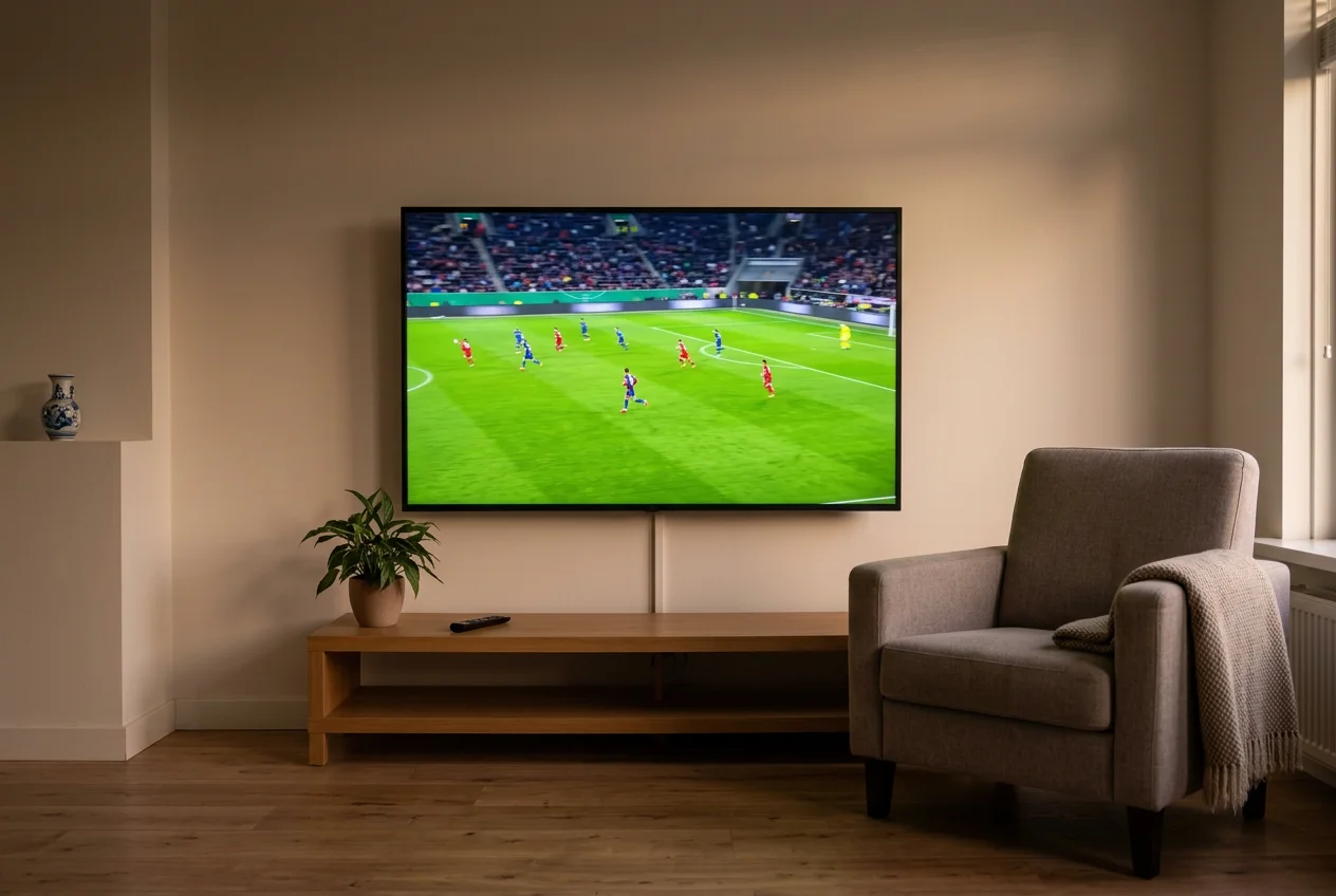 Televisietoestel in een Nederlandse woonkamer toont een live Bundesliga-voetbalwedstrijd