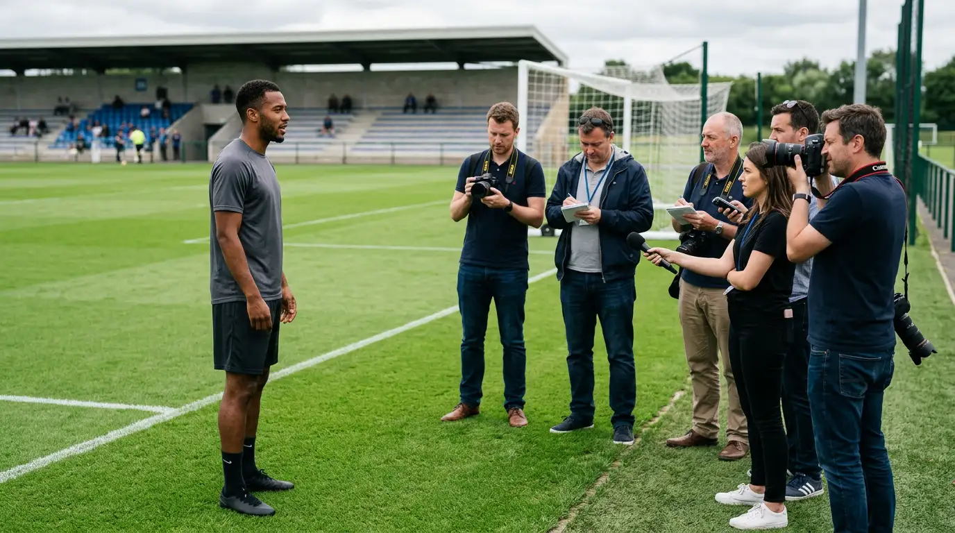 Voetballer poseert voor fotografen tijdens een persmoment op een Bundesliga-trainingsveld