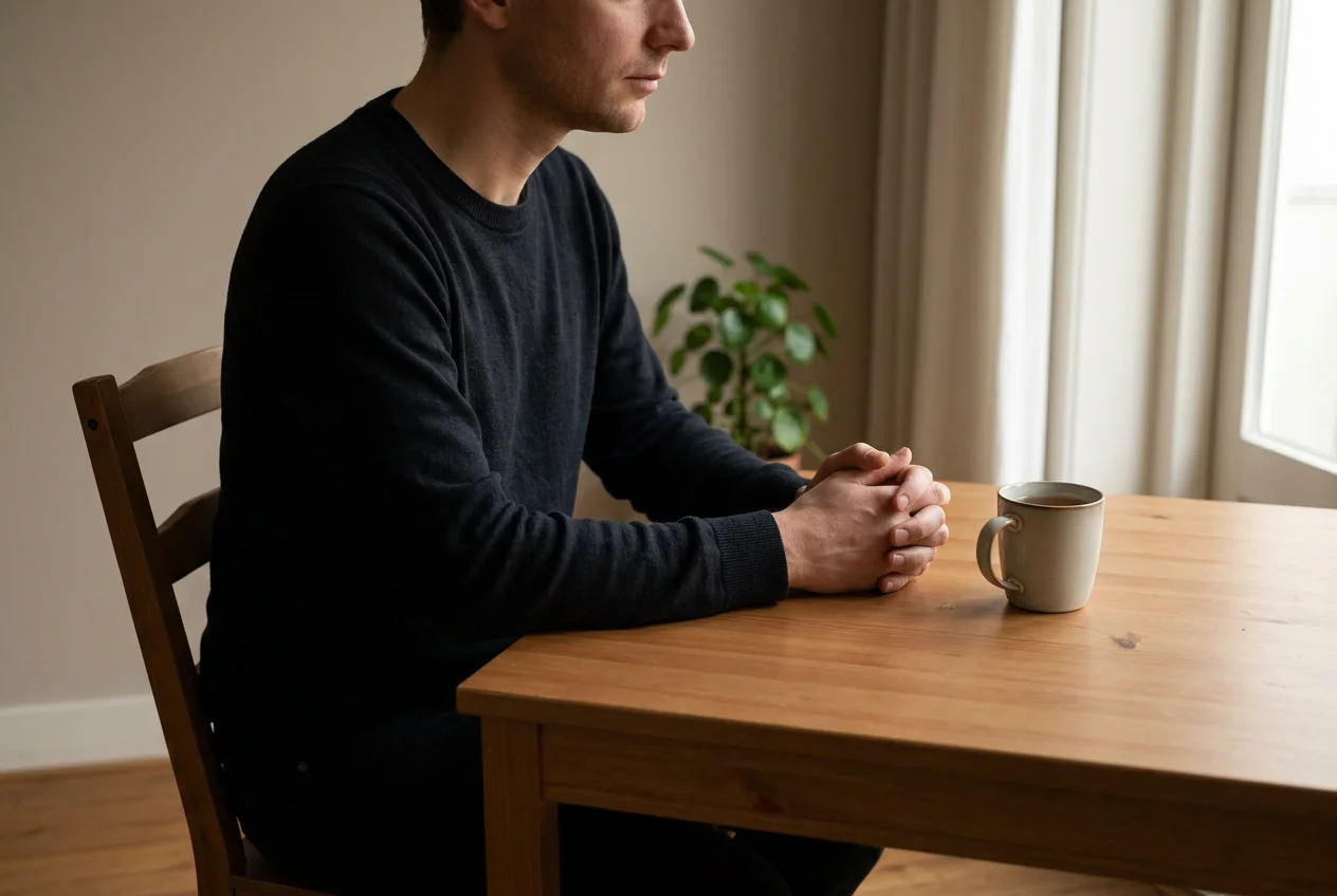 Persoon zit in gedachten verzonken aan een houten tafel bij avondlicht — rustig moment van bezinning over speelgedrag